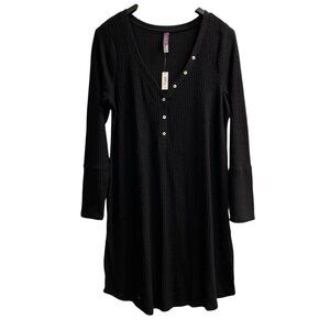 Adore Me Night Gown Womens 1X Black Waffle Knit Thermal‎ Soft Midi Loungewear
